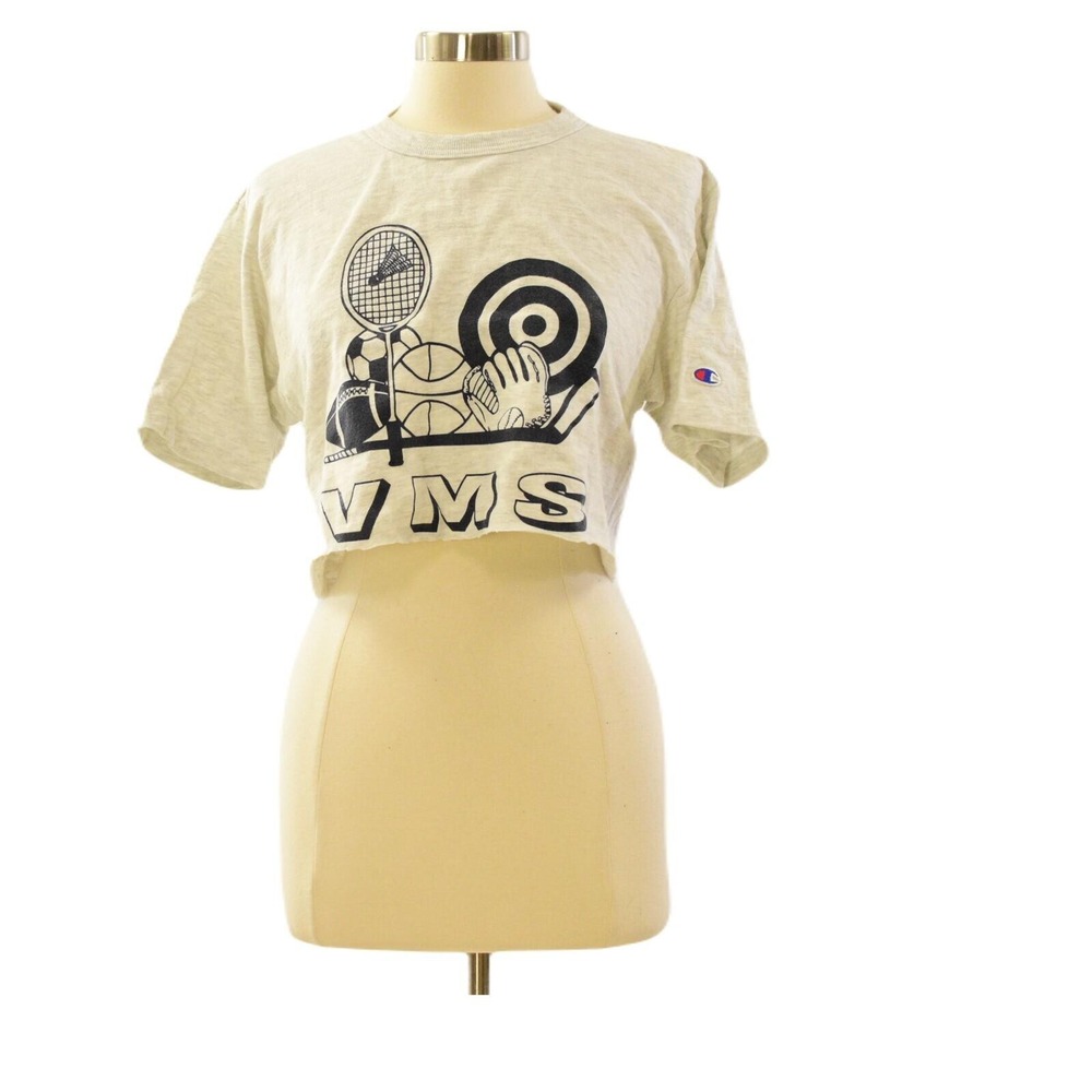 90s Champion VMS Sports Tee M Gray Crop T-Shirt USA Made Single Stitch Crop Top